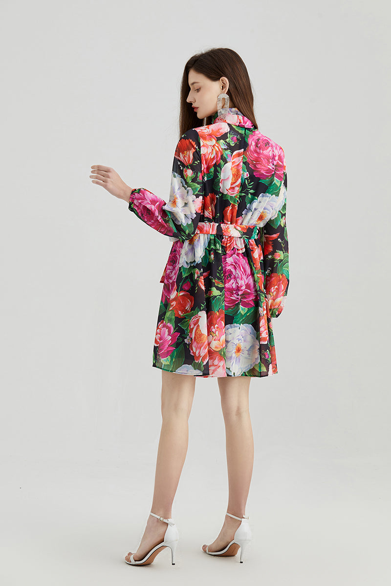 Rose Printed Chiffon Long-sleeved Dress Collar Silk Scarf Bow Strap High Waist Dress