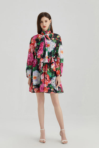Rose Printed Chiffon Long-sleeved Dress Collar Silk Scarf Bow Strap High Waist Dress