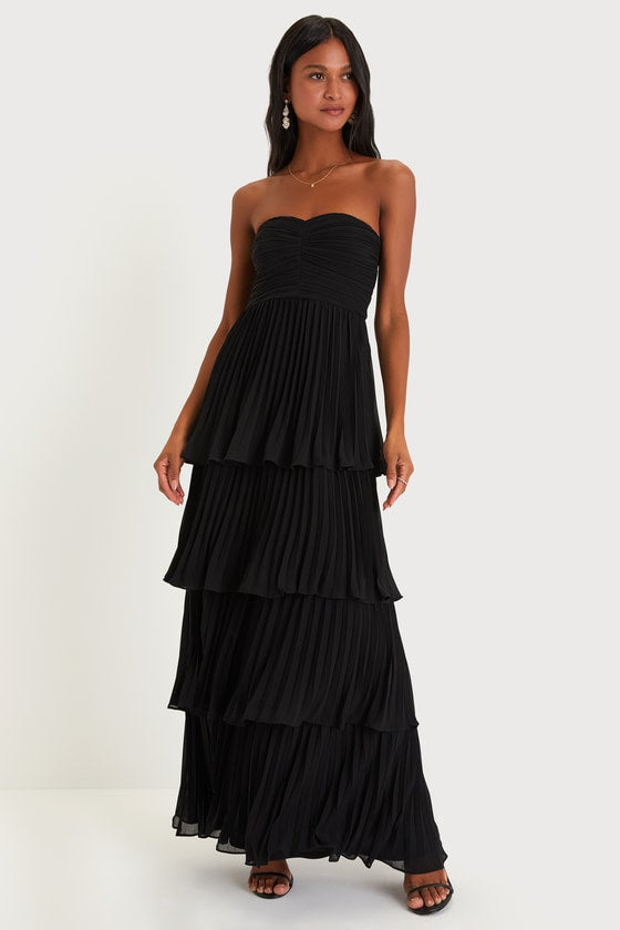 Strapless Sweetheart Ruched Tiered Pleated Maxi Gown
