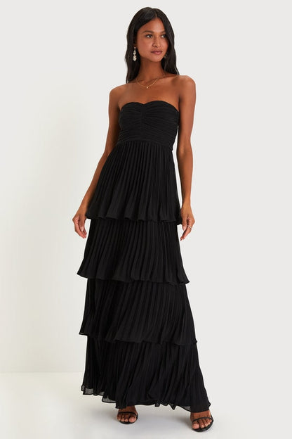 Strapless Sweetheart Ruched Tiered Pleated Maxi Gown