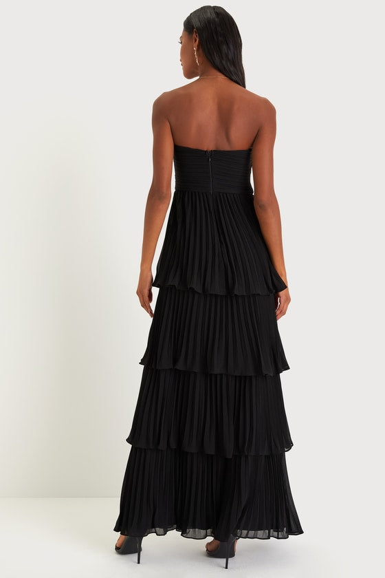 Strapless Sweetheart Ruched Tiered Pleated Maxi Gown