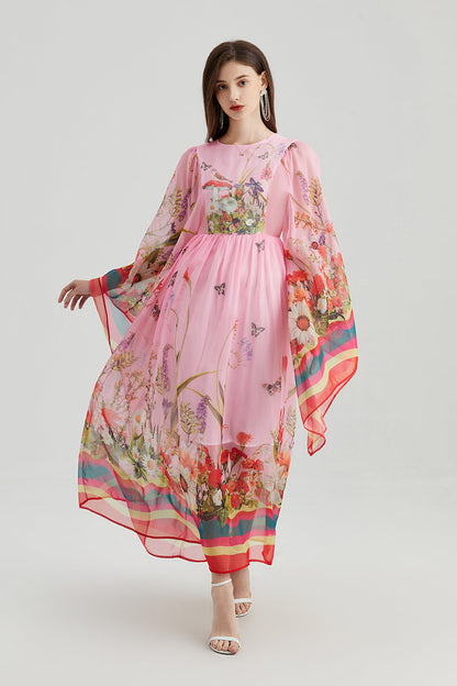 Vintage Court Style Round Neck Trumpet Long Sleeve Loose Printed Dress Tencel Long Dress