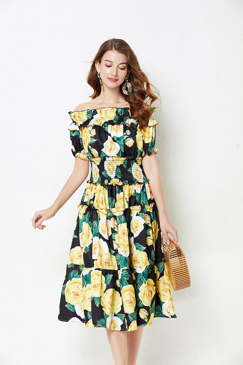 off shoulder Collar Short sleeved Ruffled Dress
