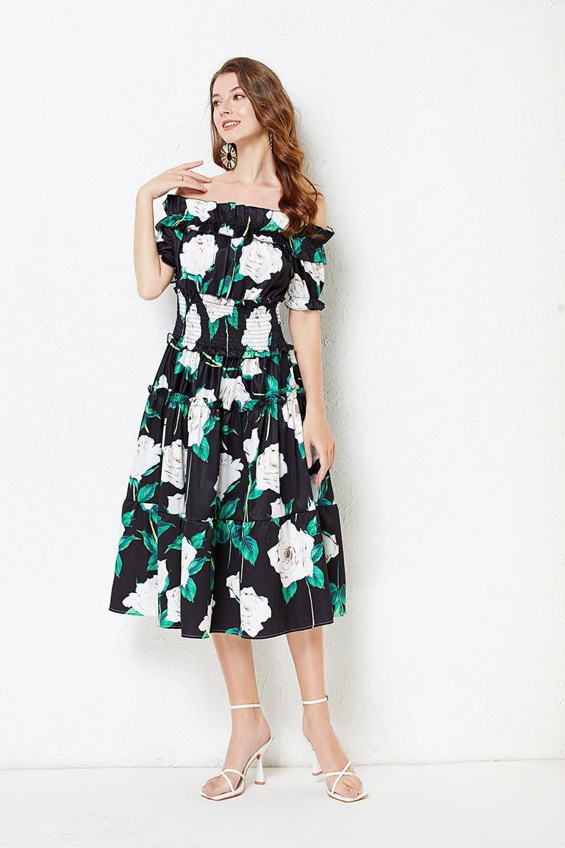 off shoulder Collar Short sleeved Ruffled Dress