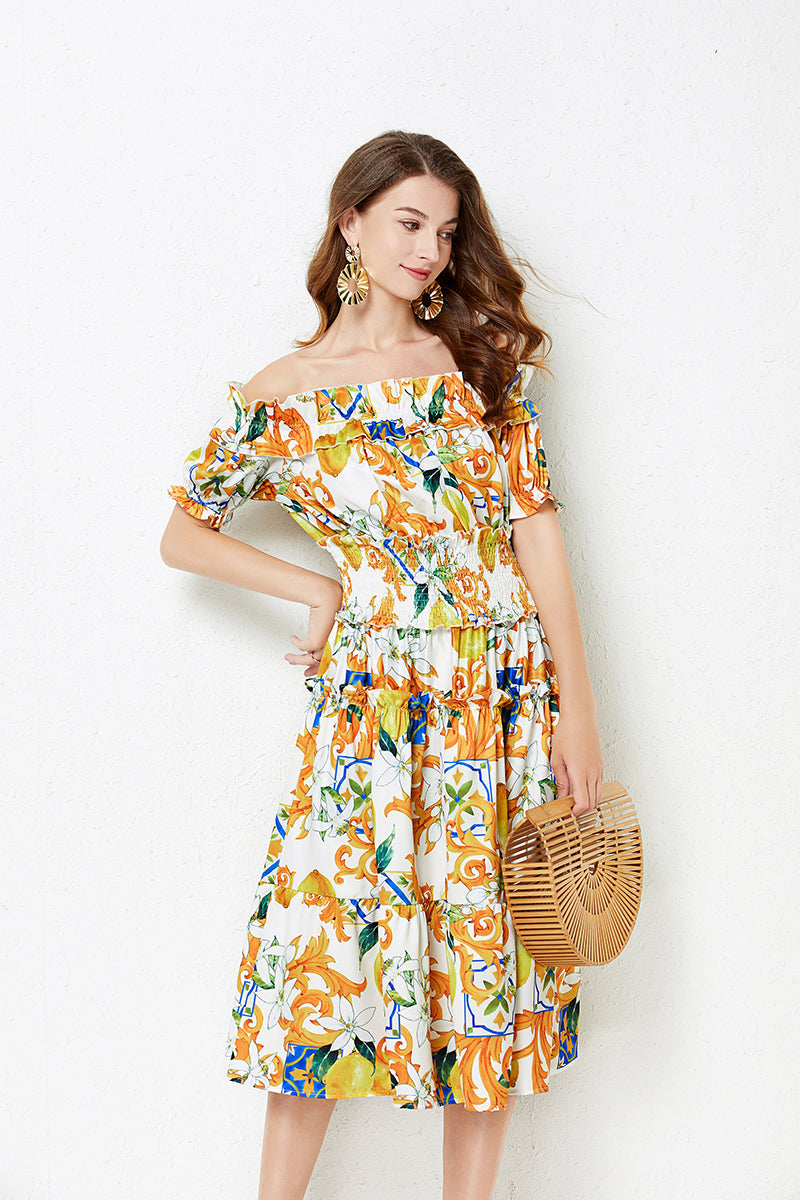 off shoulder Collar Short sleeved Ruffled Dress