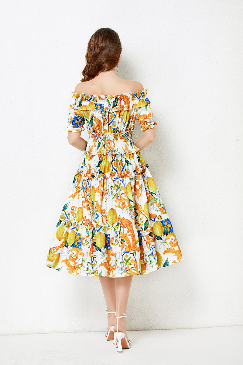 off shoulder Collar Short sleeved Ruffled Dress