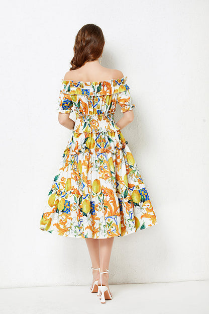 off shoulder Collar Short sleeved Ruffled Dress