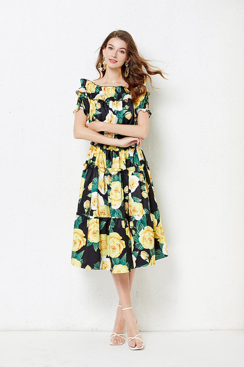 off shoulder Collar Short sleeved Ruffled Dress