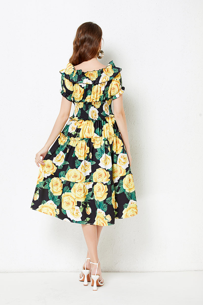 off shoulder Collar Short sleeved Ruffled Dress