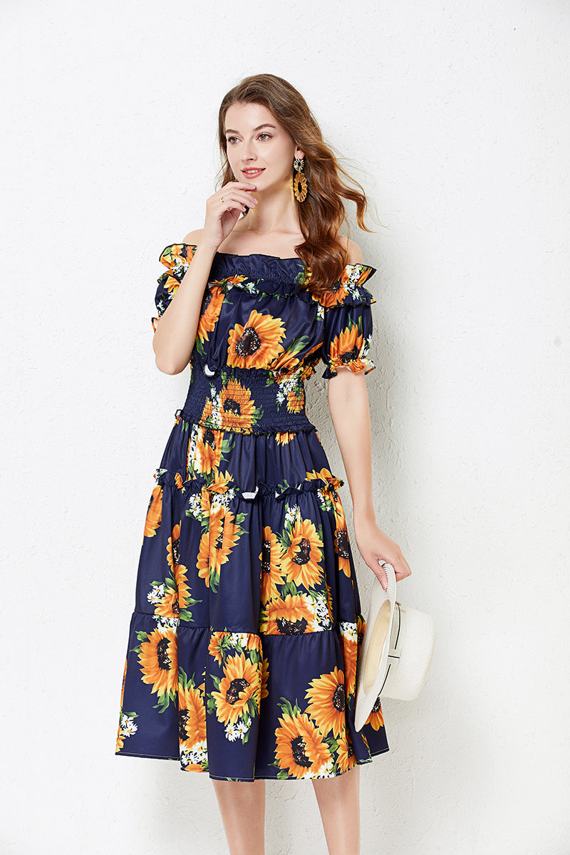 off shoulder Collar Short sleeved Ruffled Dress