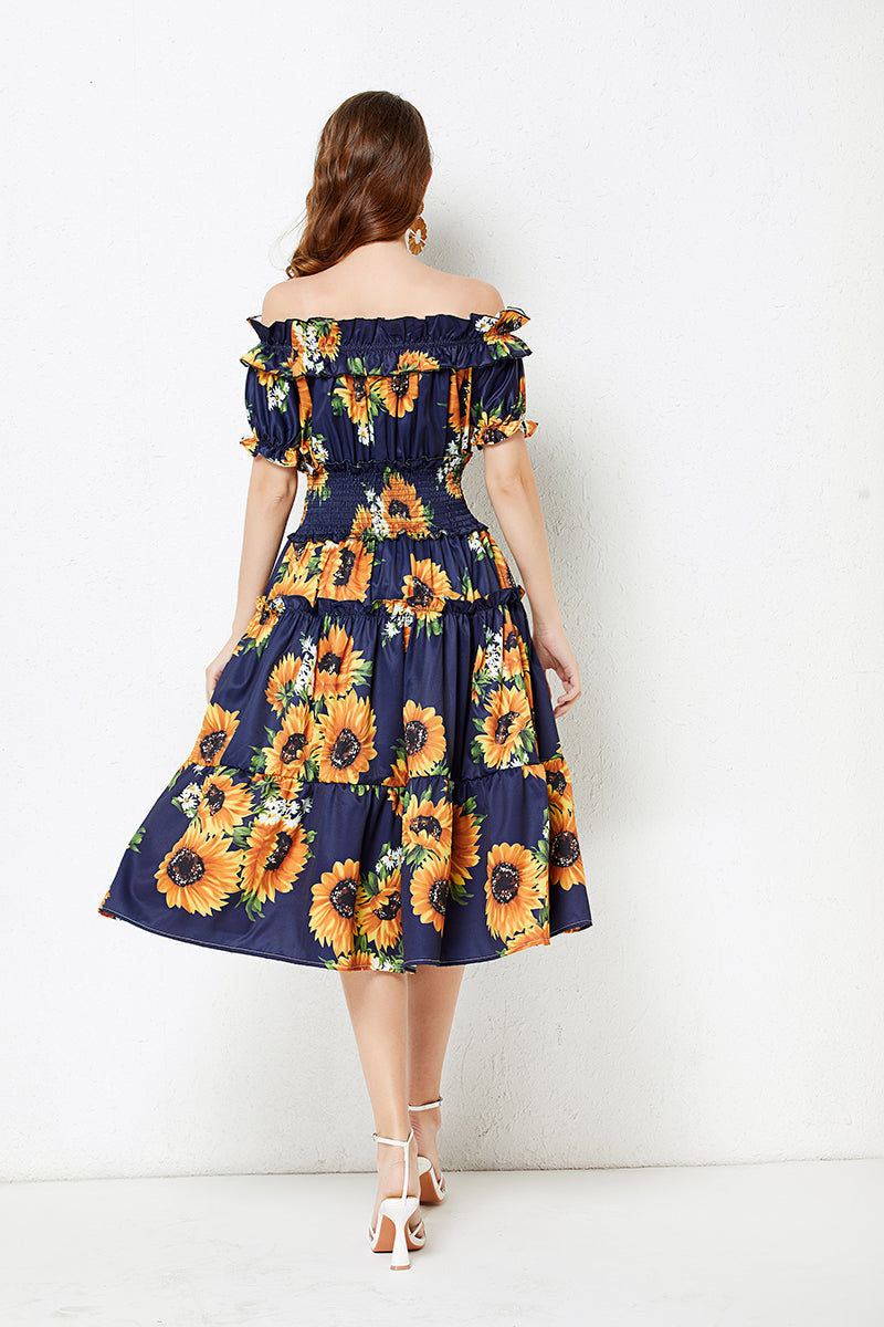 off shoulder Collar Short sleeved Ruffled Dress