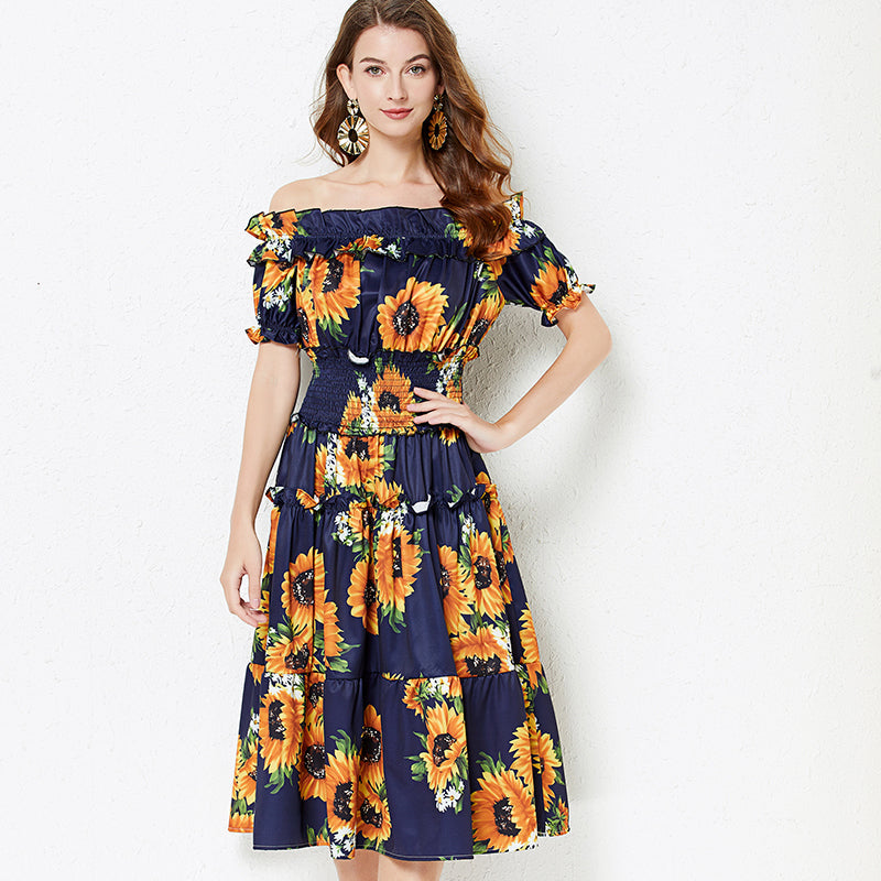 off shoulder Collar Short sleeved Ruffled Dress
