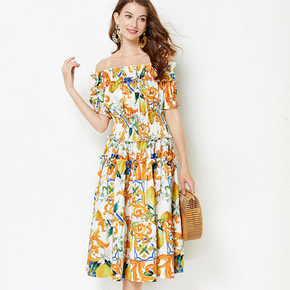 off shoulder Collar Short sleeved Ruffled Dress