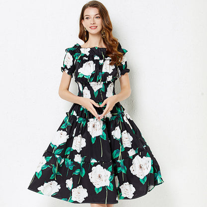 off shoulder Collar Short sleeved Ruffled Dress