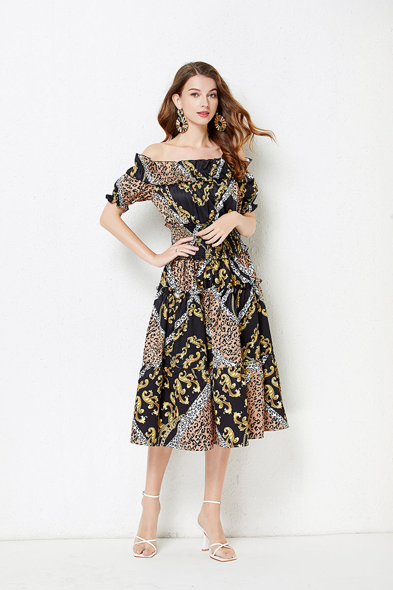 off shoulder Collar Short sleeved Ruffled Dress