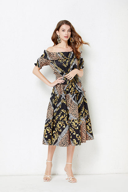 off shoulder Collar Short sleeved Ruffled Dress