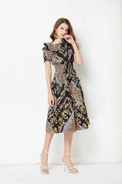 off shoulder Collar Short sleeved Ruffled Dress