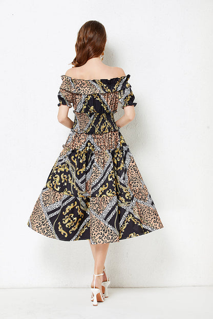 off shoulder Collar Short sleeved Ruffled Dress