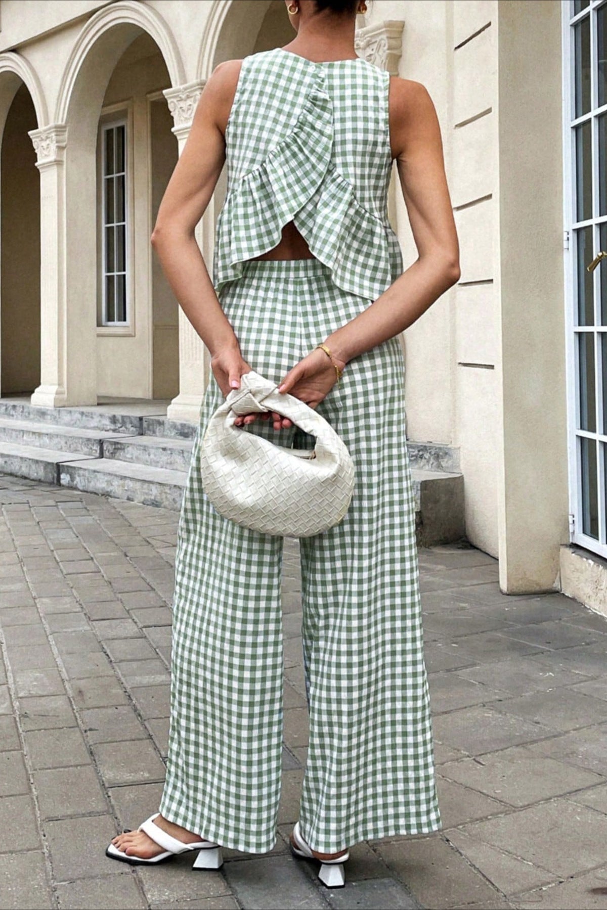 Plaid Ruffle Hem Round Neck Sleeveless Skirt Set