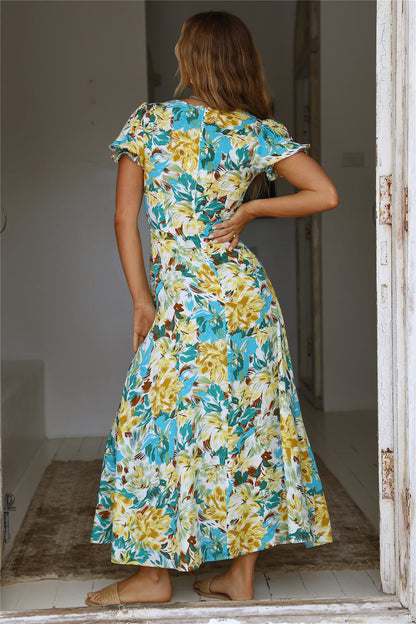 Elegant Holiday French Print Short Sleeve Long Dress