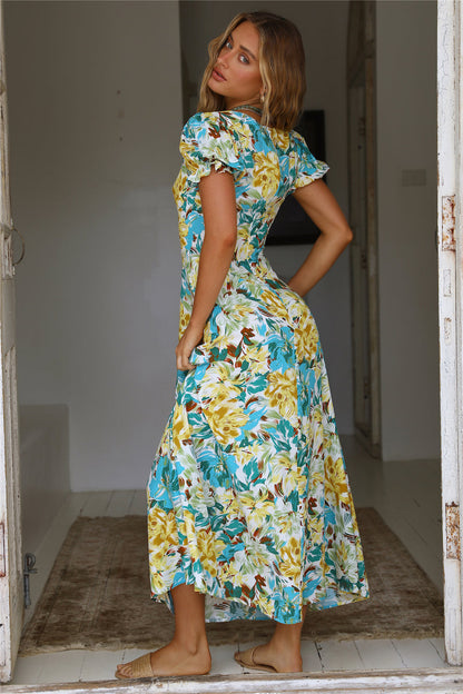 Elegant Holiday French Print Short Sleeve Long Dress