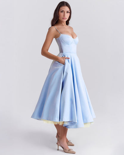 Bustier Spaghetti Strap Lace Trim Pleated Fit and Flare Midi Dress