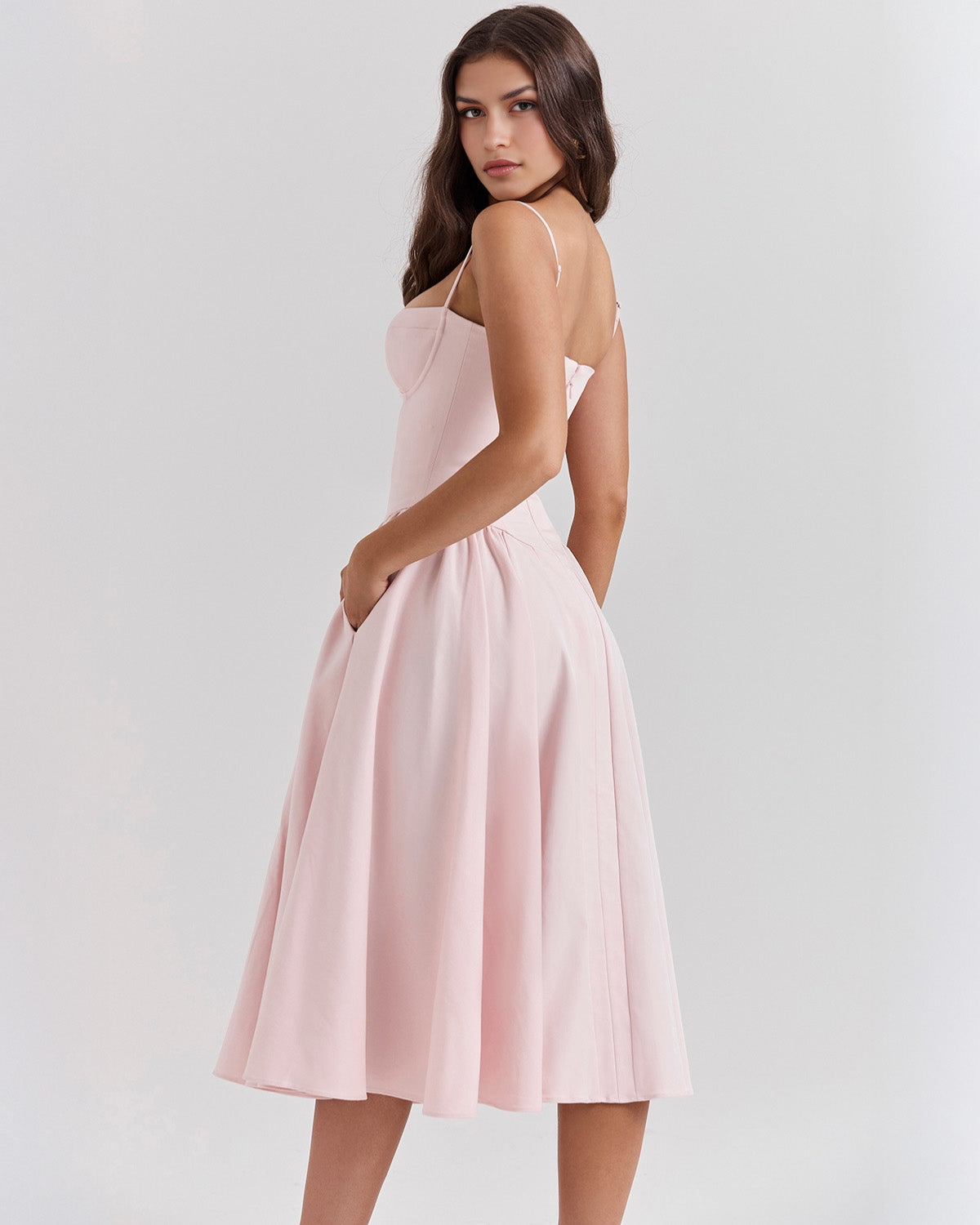 Bustier Spaghetti Strap Underwire Cup Dropped Waist Pleated Midi Dress