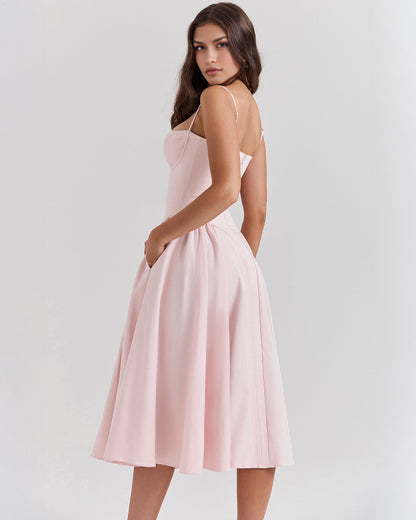 Bustier Spaghetti Strap Underwire Cup Dropped Waist Pleated Midi Dress