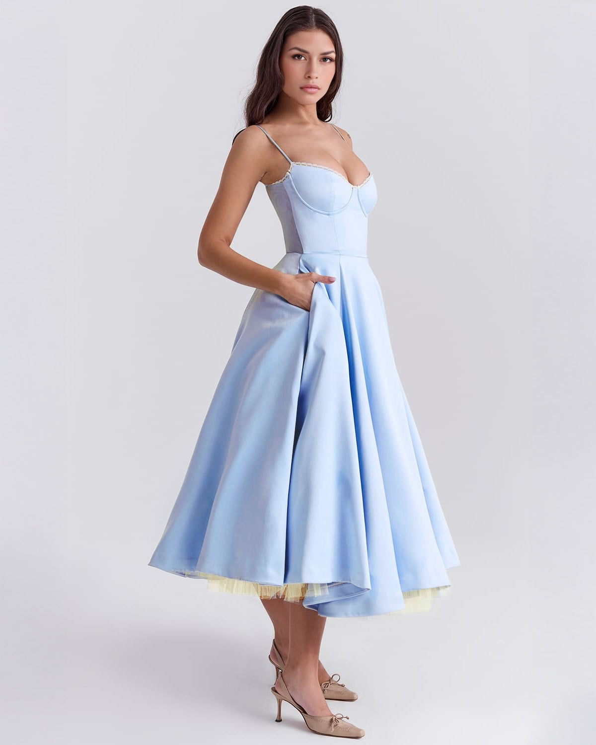 Sweetheart Spaghetti Strap Lace Trim Corset Bodice Fit and Flare Midi Dress