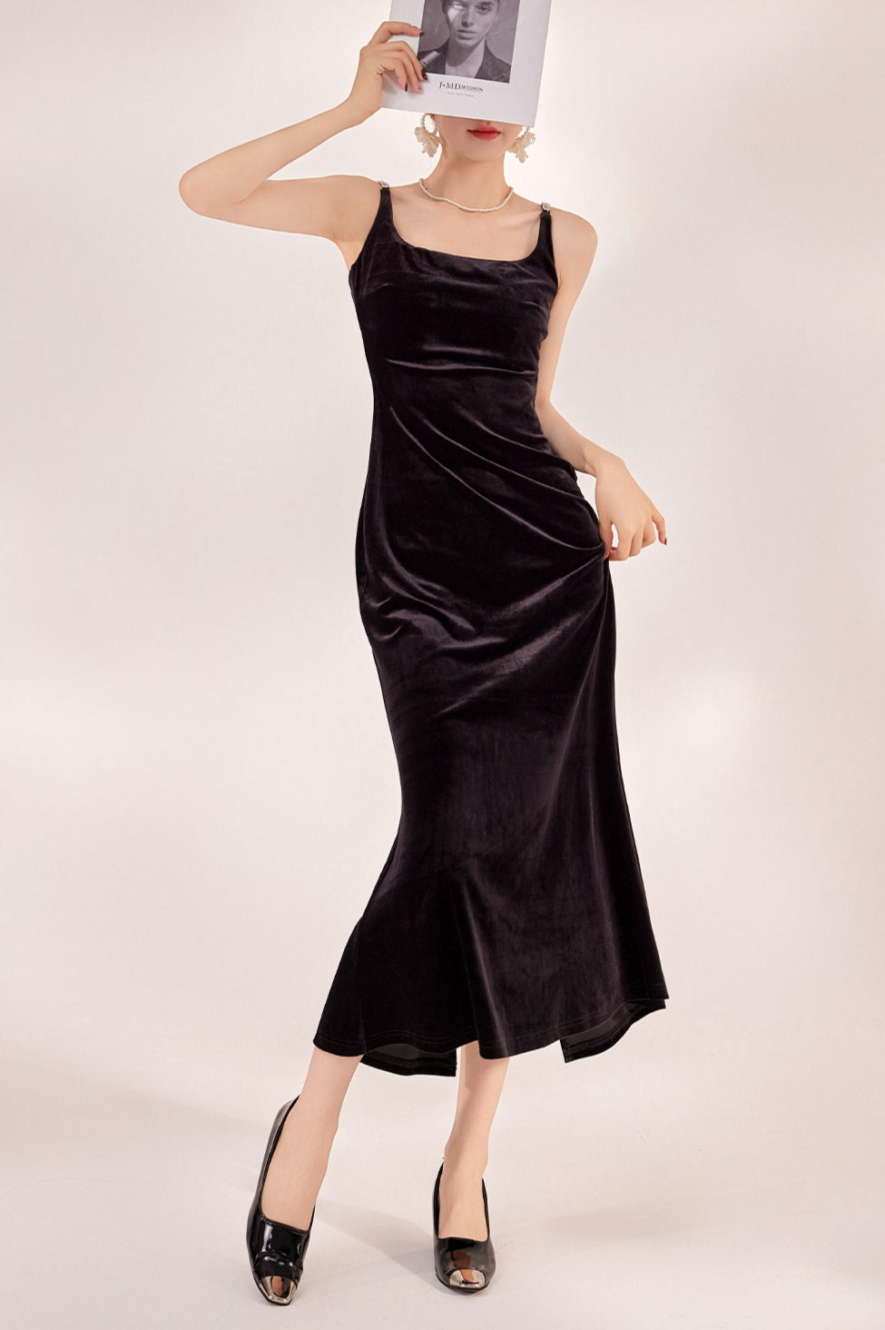 Square Neck Rhinestone Strap Velvet Mermaid Maxi Dress