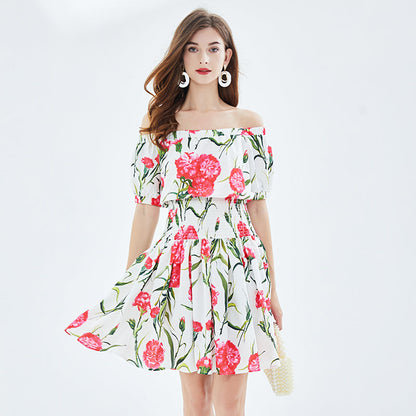 Rose Print off shoulder Tight Seashore Vacation Dress