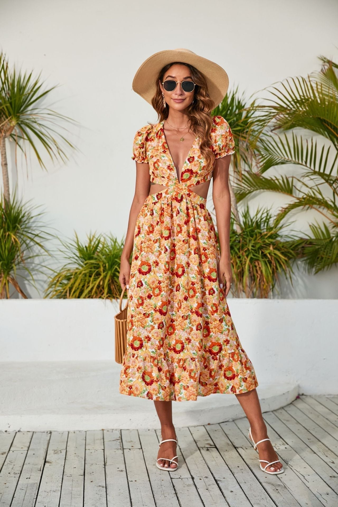 Deep V Neck Puff Sleeve Waist Cutout Gathered Front Ruffle Hem Floral Midi Dress