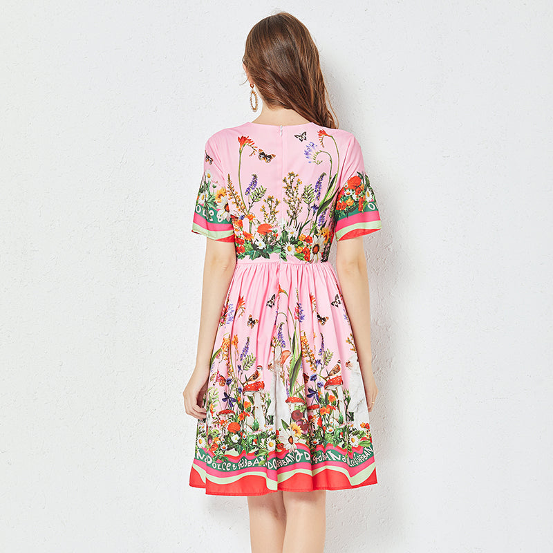 Positioning Butterfly Flower Print Large Swing Dress Short Sleeve A line Dress