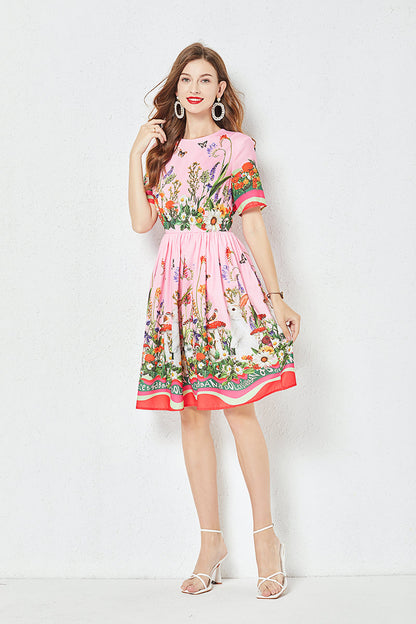 Positioning Butterfly Flower Print Large Swing Dress Short Sleeve A line Dress