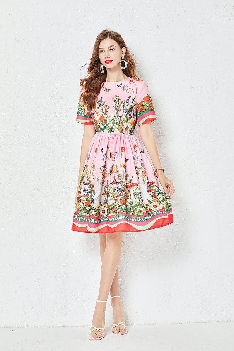 Positioning Butterfly Flower Print Large Swing Dress Short Sleeve A line Dress