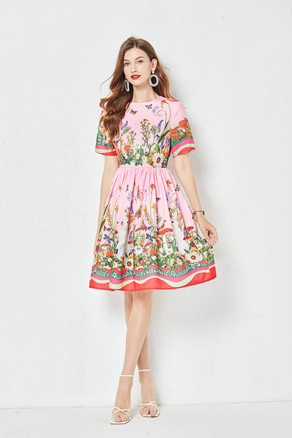 Positioning Butterfly Flower Print Large Swing Dress Short Sleeve A line Dress
