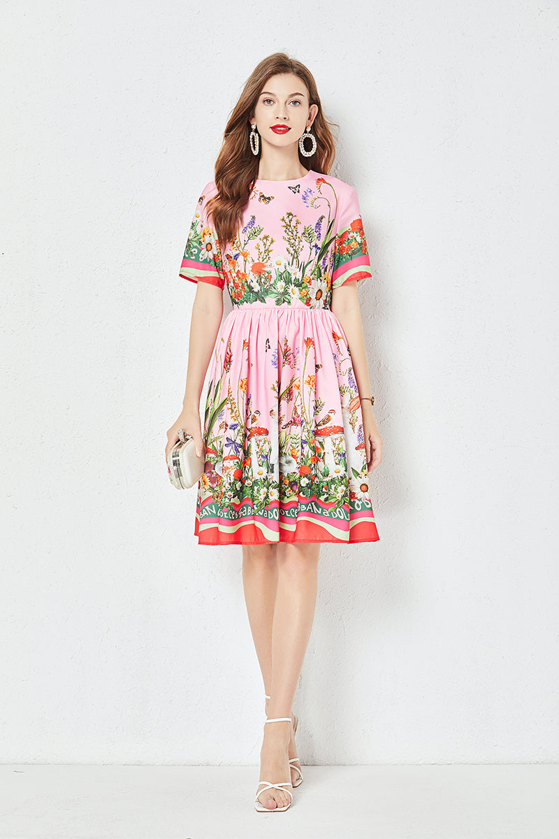 Positioning Butterfly Flower Print Large Swing Dress Short Sleeve A line Dress