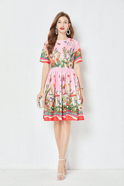 Positioning Butterfly Flower Print Large Swing Dress Short Sleeve A line Dress