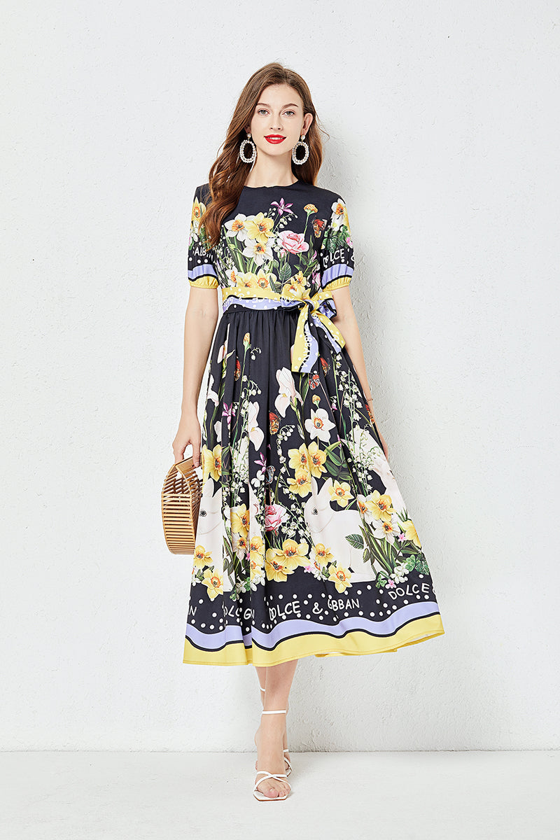 Positioning Flower Print Large Swing Dress Short Sleeve A line Dress