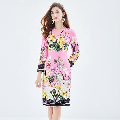 Positioning Print Elegant High Waist Hip Dress High Waist Long Sleeve Round Collar Dress