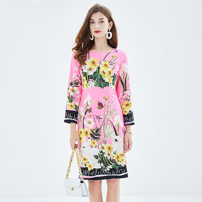 Positioning Print Elegant High Waist Hip Dress High Waist Long Sleeve Round Collar Dress