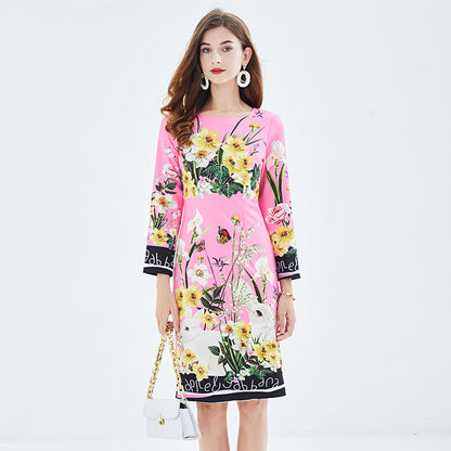 Positioning Print Elegant High Waist Hip Dress High Waist Long Sleeve Round Collar Dress