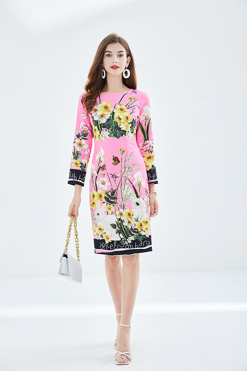 Positioning Print Elegant High Waist Hip Dress High Waist Long Sleeve Round Collar Dress
