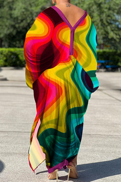 Sexy Plus Size Satin Print V-neck Batwing Sleeve Slit Loose Maxi Dress