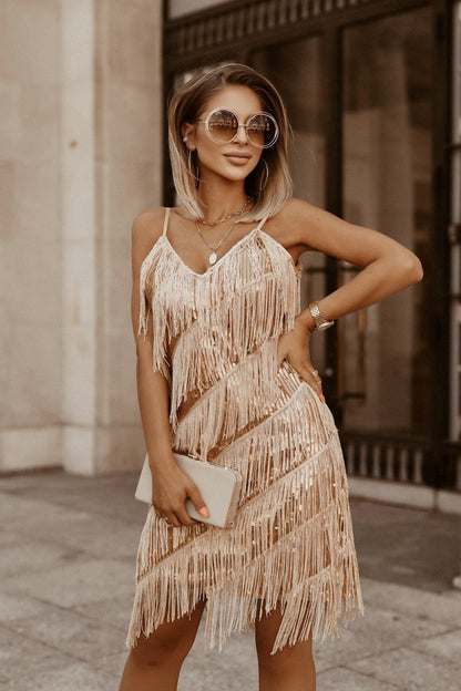 Spaghetti Strap Deep V Sequin Fringe Tier Mini Dress