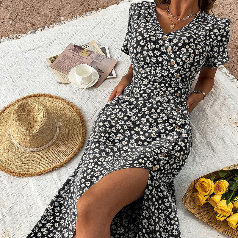 Elegant V-Neck Floral Print Split Maxi Dress in Black