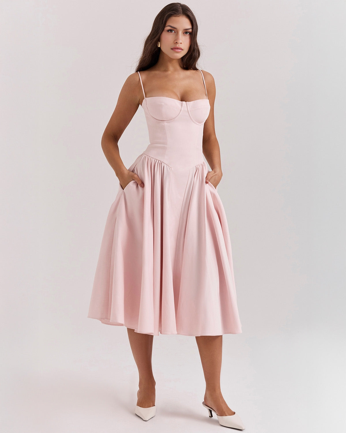 Bustier Spaghetti Strap Underwire Cup Dropped Waist Pleated Midi Dress