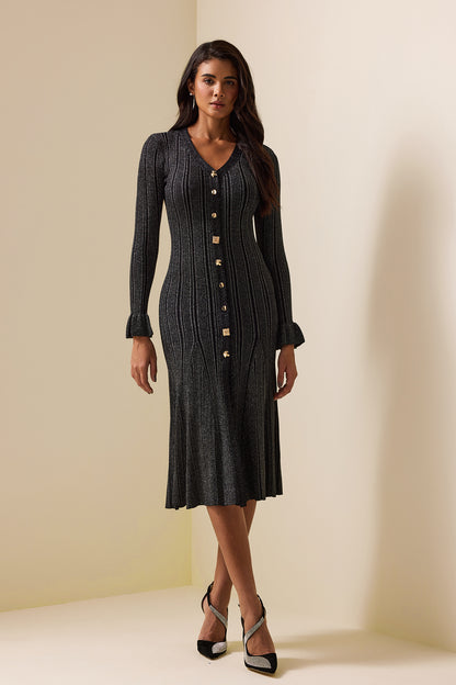 Lurex Metal Button Long Sleeve Midi Dress