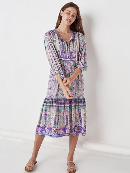 Flowy Dress V-Neck Three Quarters Sleeves Boho Midi Dresses