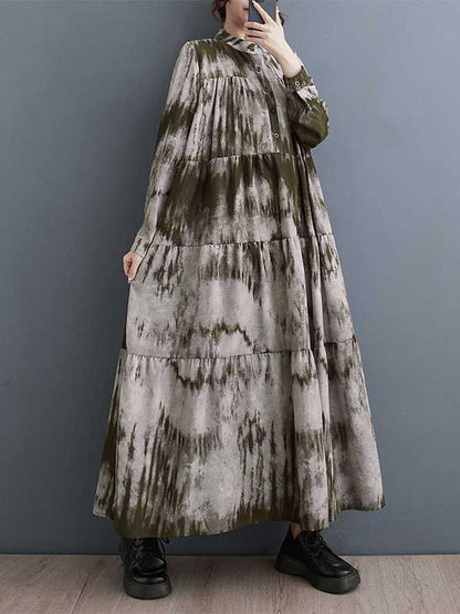A-Line Long Sleeves Pleated Printed Split-Joint Stand Collar Midi Dresses